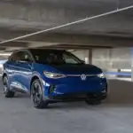 2025 blue VW ID.4 view of the front in a parking garage