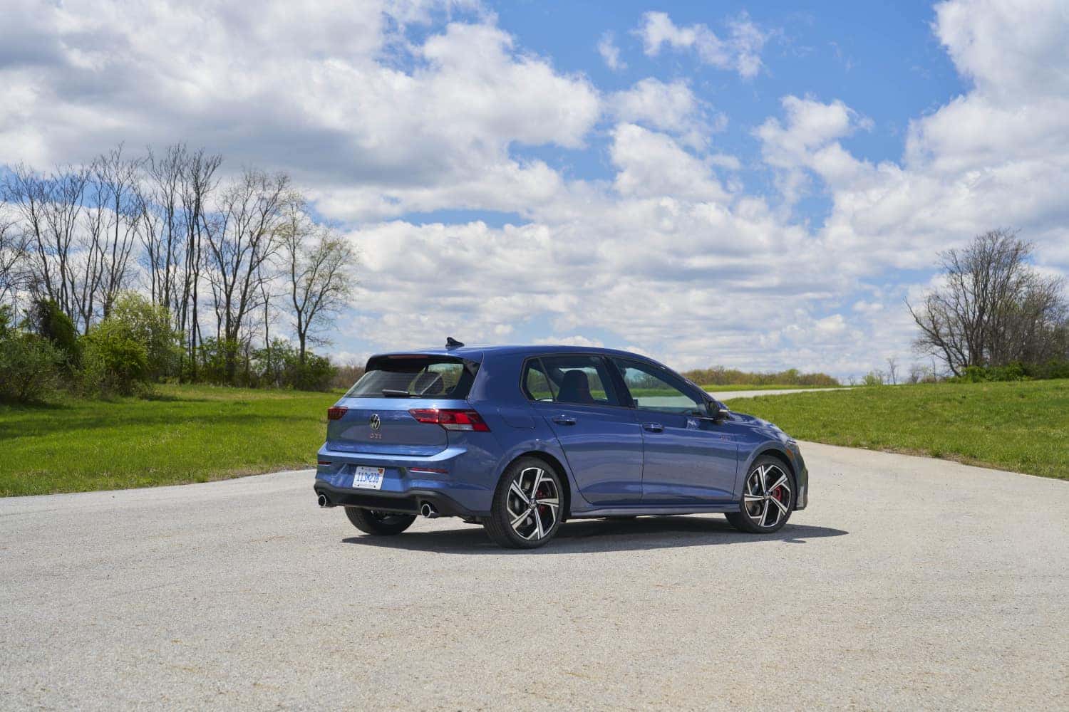 2026 Golf GTI SE Slate Blue Metallic Rear Profile View