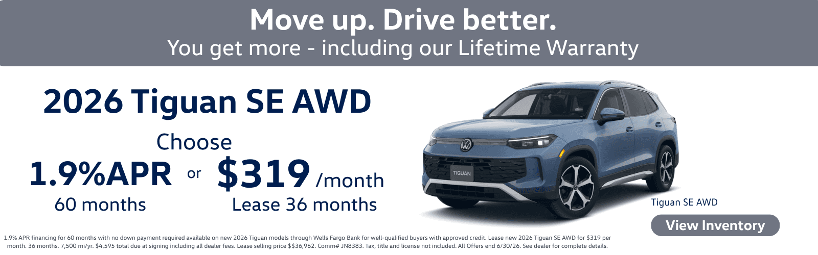Get 1.9% APR or lease $319 per month new Tiguan SE All Wheel Drive