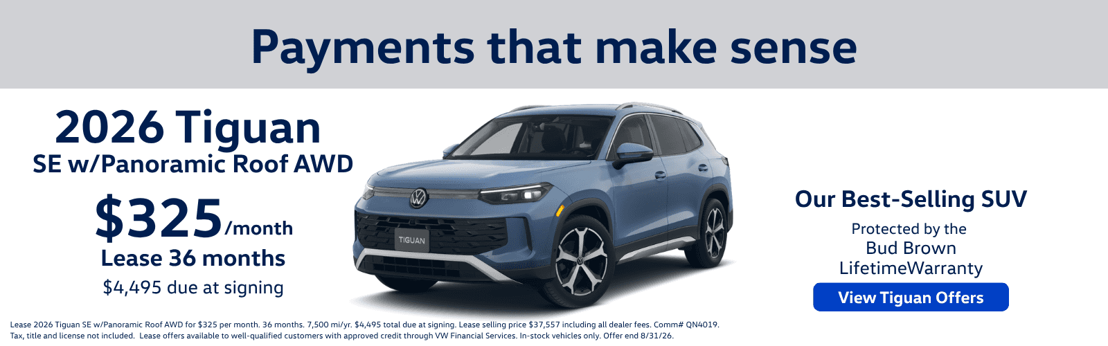 Lease 2026 Tiguan SE for $325 per month