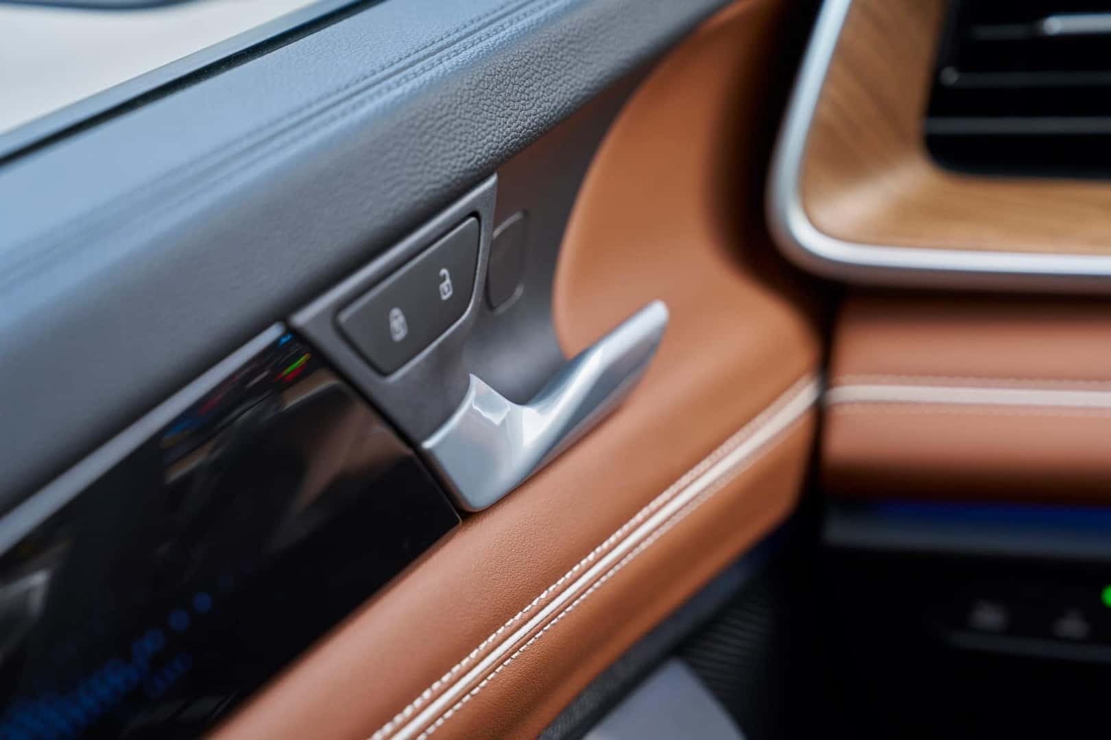 The Shiny Door Handle In The Comfortable Interior Of The Beautiful And Mighty Volkswagen Tiguan
