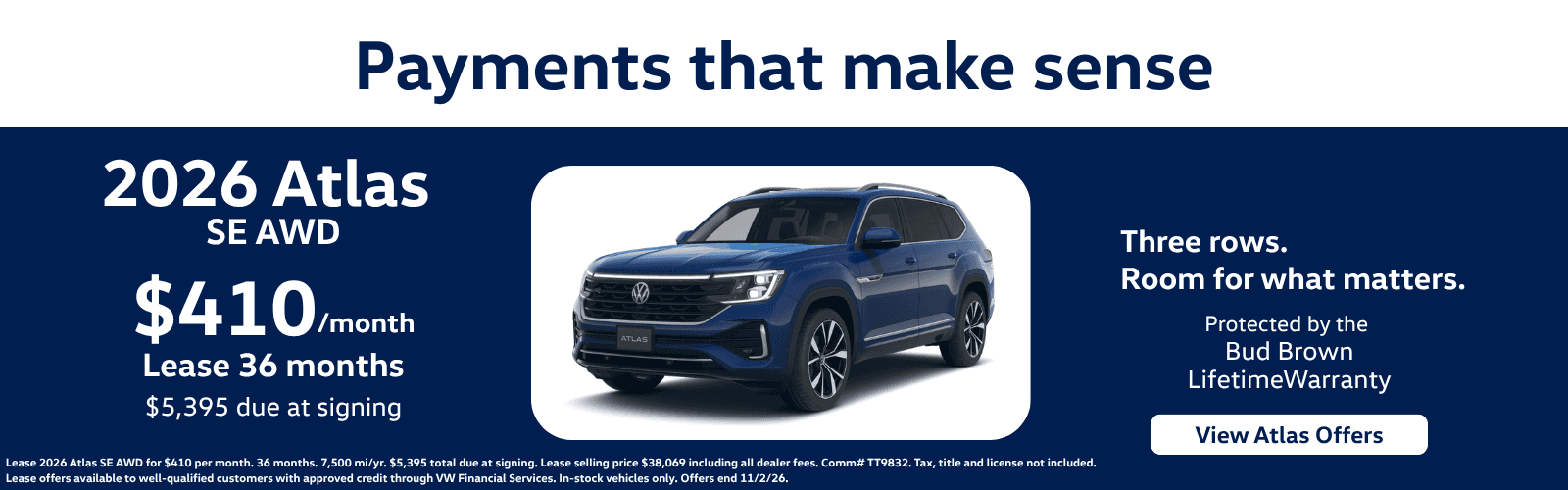 Lease 2026 Atlas SE for $410 per month
