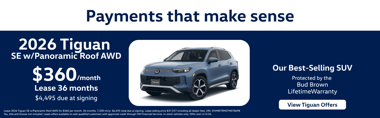 Lease Tiguan SE All Wheel Drive for $360 per month