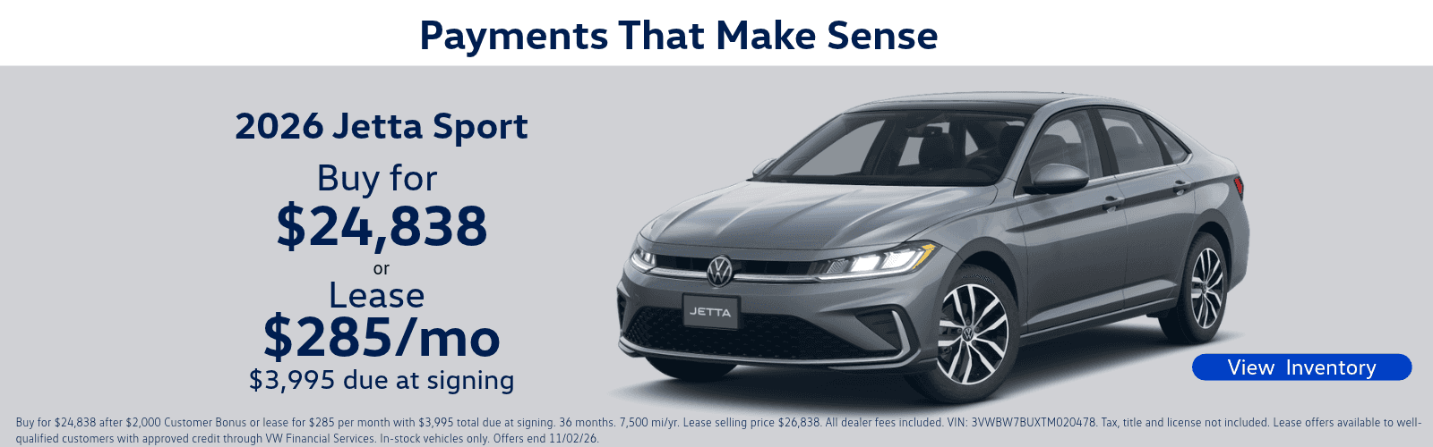 Lease 2026 Jetta Sport for $285 per month