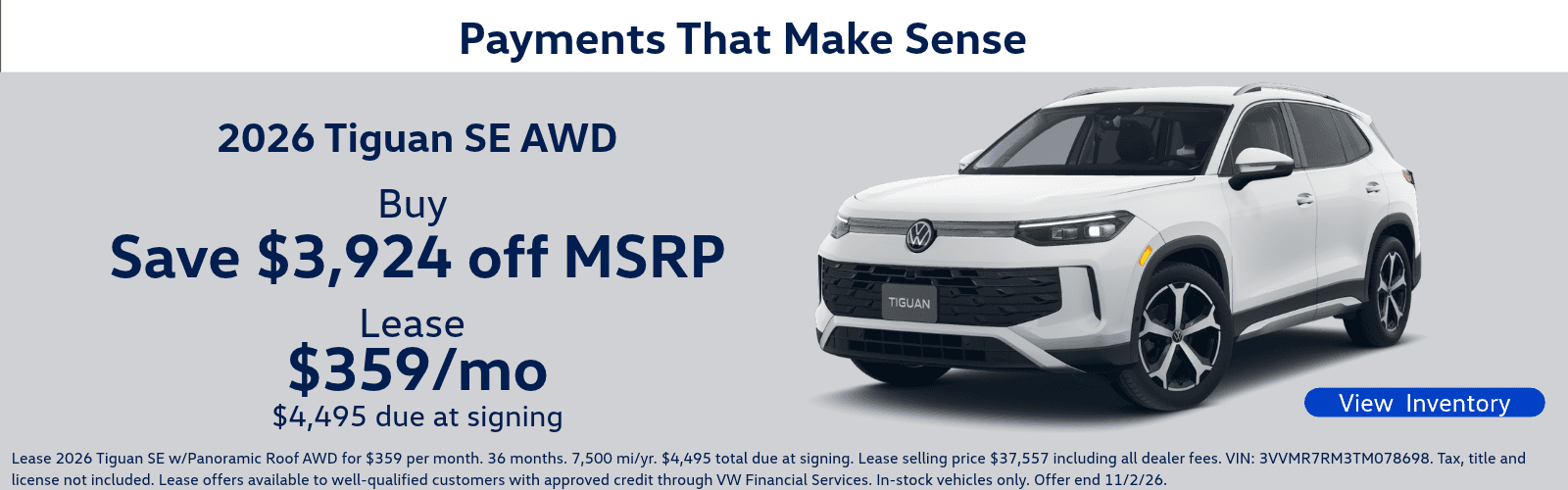 Lease 2026 Tiguan SE for $359 per month