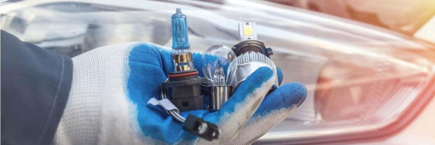 Close up view of a service tech holding headlight bulbs