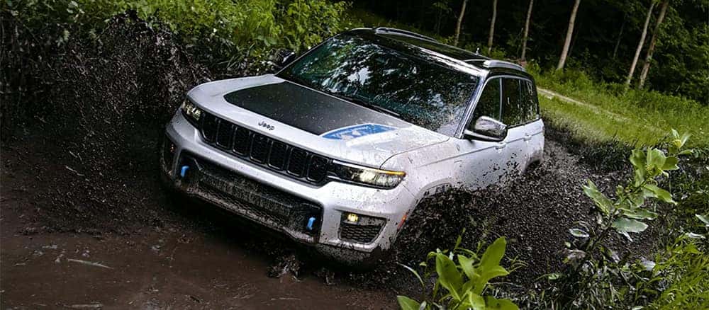 White Jeep Grand Cherokee EV Offroading