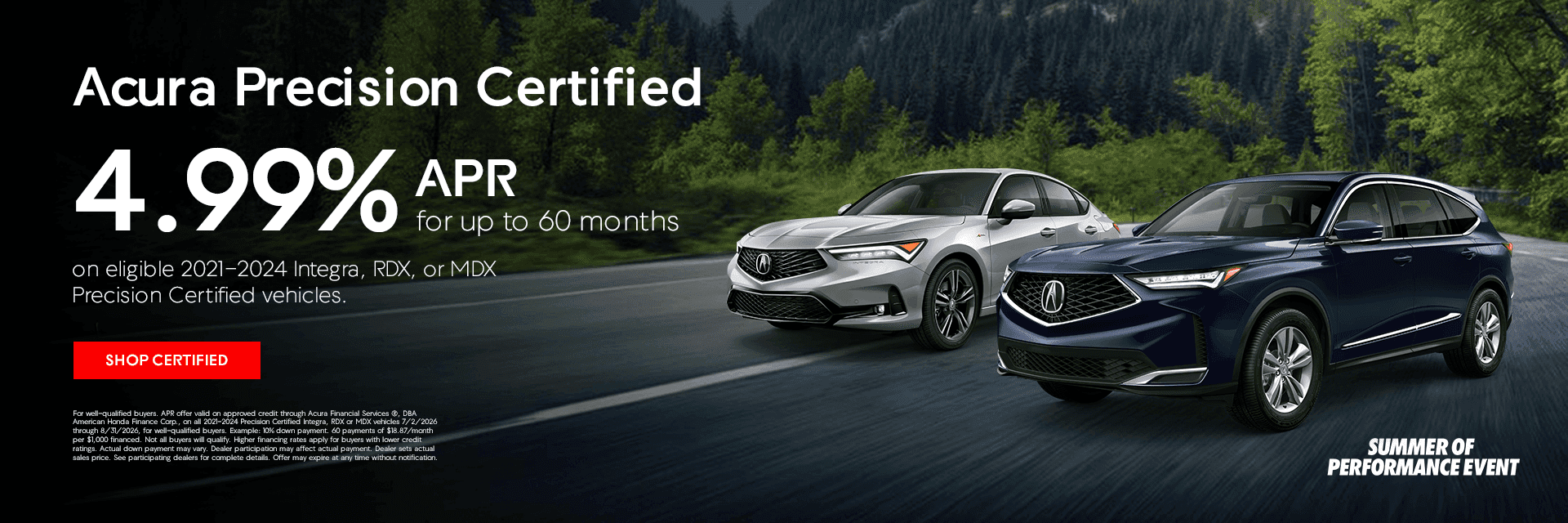 4.99% APR up to 60 mo. on eligible 2021-2024 Integra, RDX, or MDX Precision Certified vehicles.