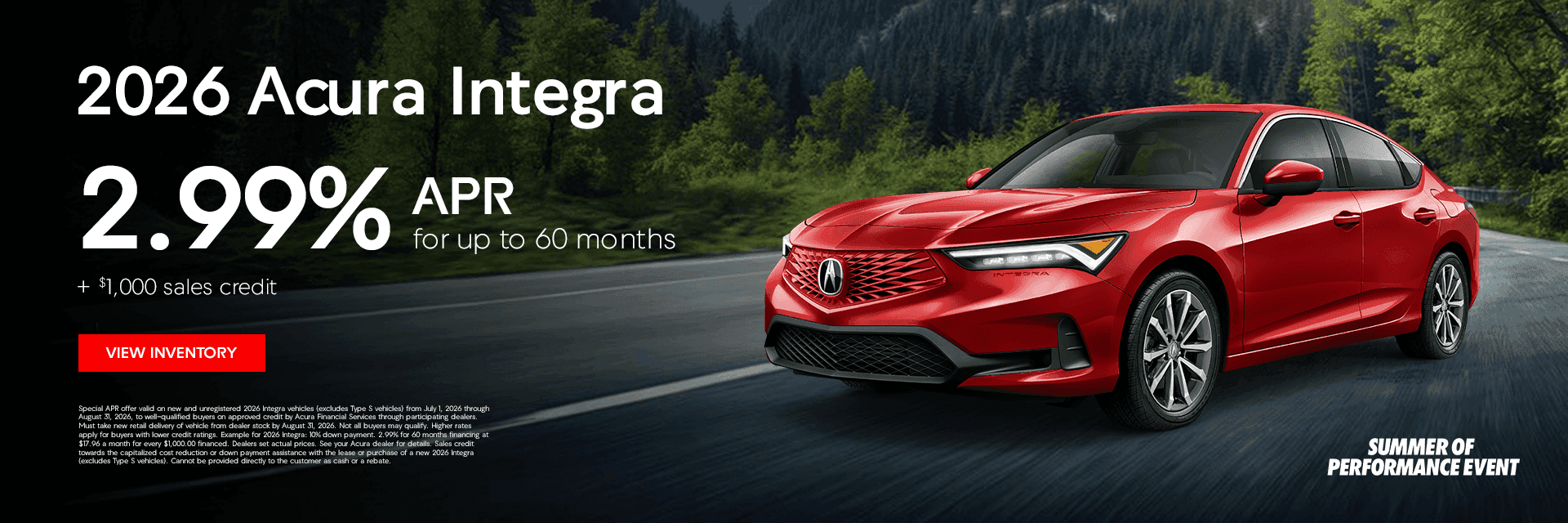 2026 Acura Integra 2.99% APR for up to 60 months + $1,000 sales credit