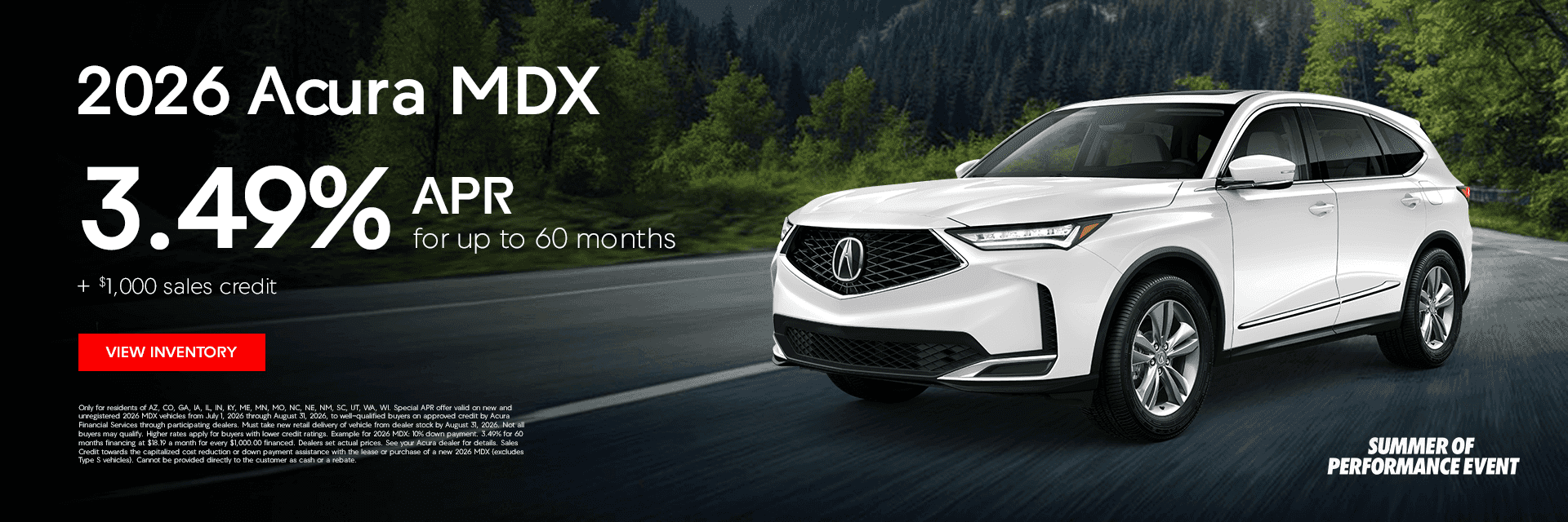 2026 Acura MDX 3.49% APR for up to 60 months + $1,000 sales credit