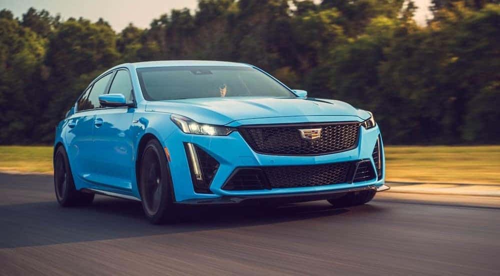 A blue 2023 Cadillac CT5-V Blackwing is shown driving on a track.