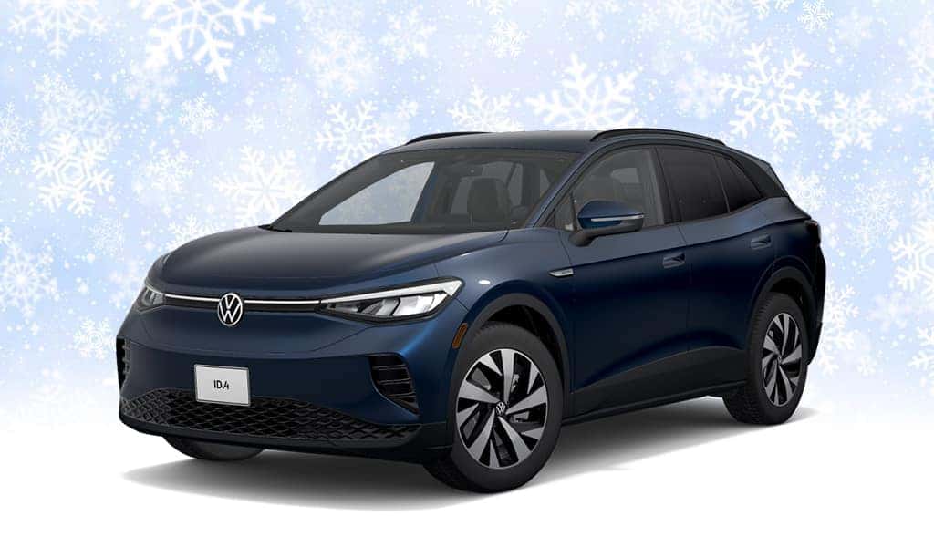 A blue Volkswagen ID.4 in front of a light blue background with snowflakes
