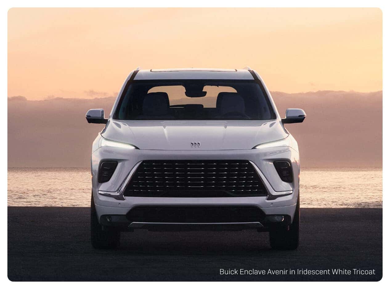Front view of the 2026 Buick Enclave Avenir in Iridescent White Tricoat