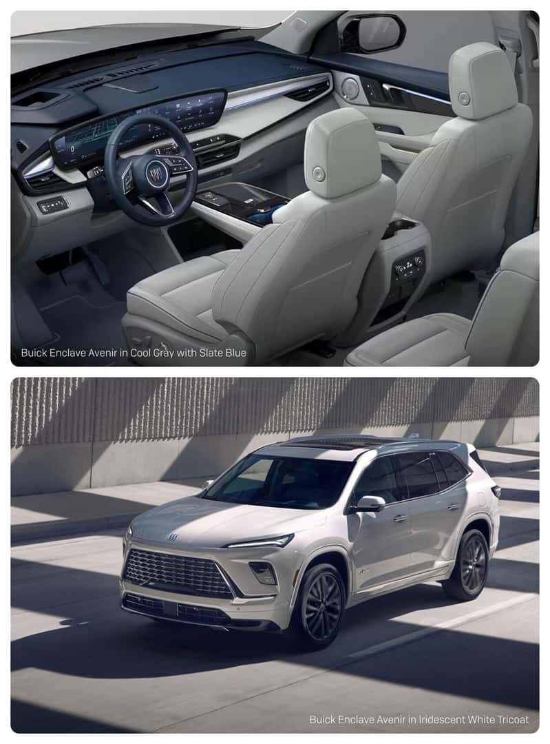 2026 Buick Enclave Avenir with Iridescent White Tricoat exterior and Cool Gray with Slate Blue interior