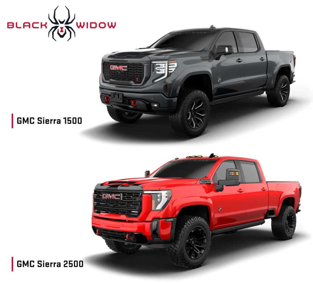 Front three-quarter view of dark gray GMC Sierra 1500 and red Sierra 2500 Black Widow on white background.