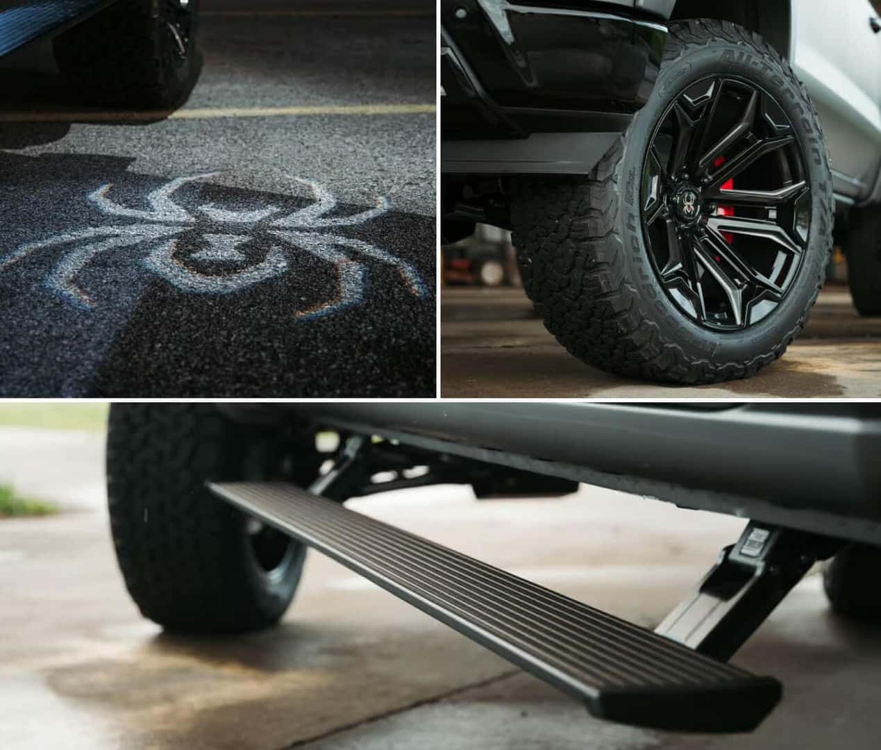 Collage of GMC Sierra Black Widow featuring light logo, custom wheel, and power running board.