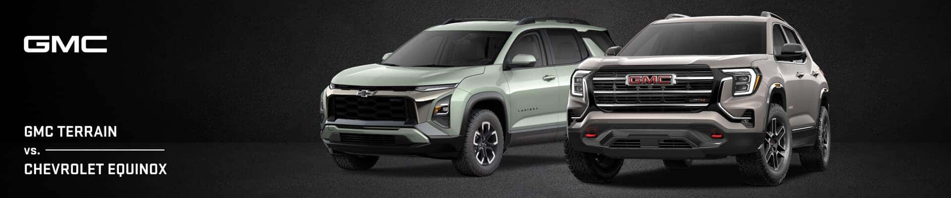 Front three-quarter view of green Chevy Equinox ACTIV and taupe GMC Terrain AT4 against a dark background.