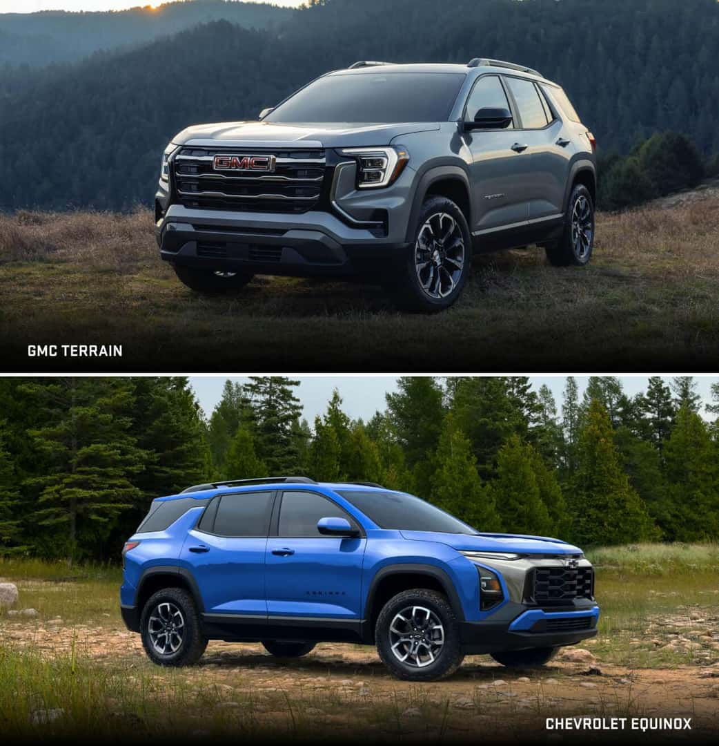 Split Front three-quarter view of gray GMC Terrain on grassy hills and blue Chevy Equinox near trees.
