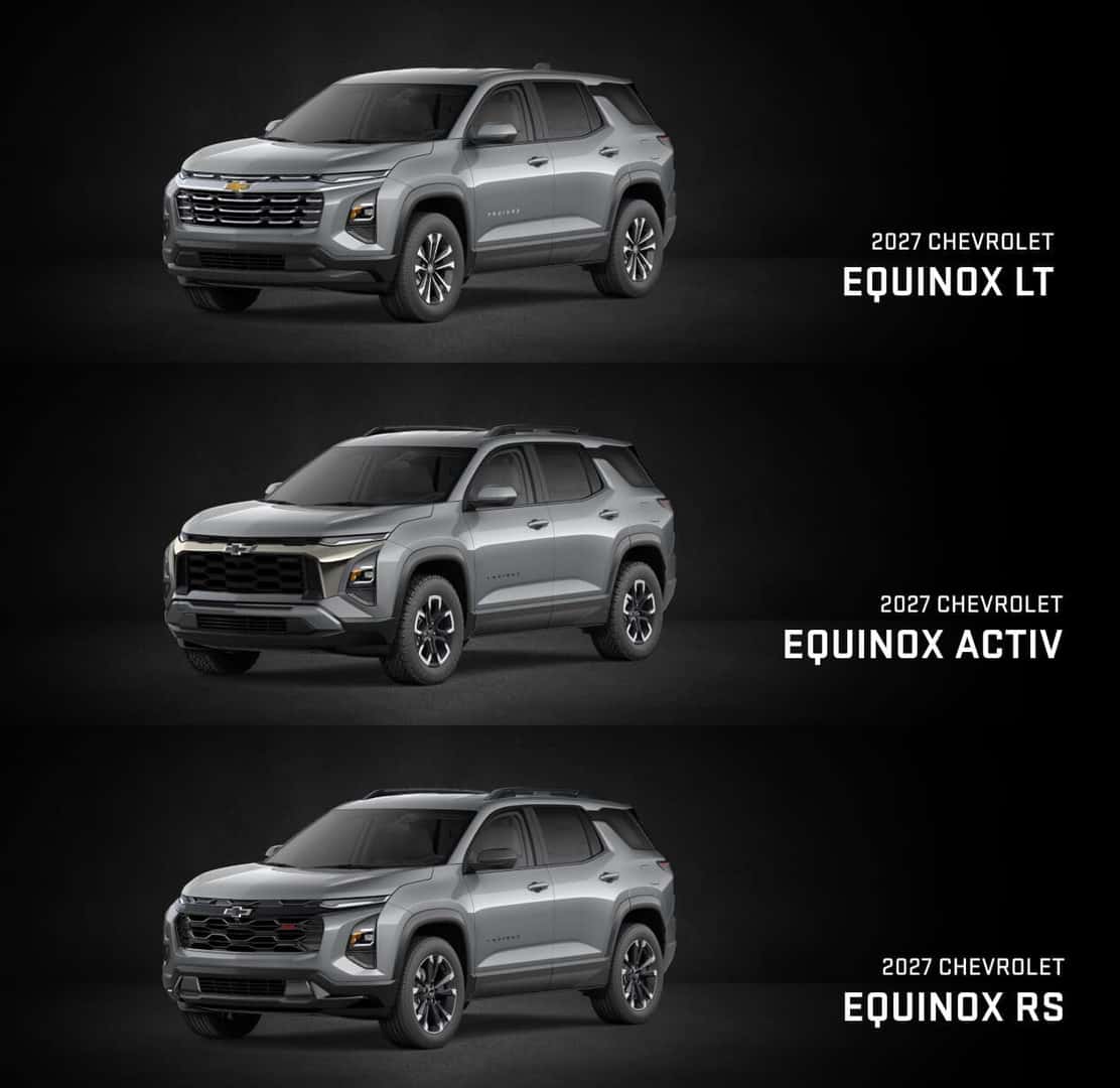 Front three-quarter views of silver 2027 Chevy Equinox LT, ACTIV, and RS trims against a dark background.