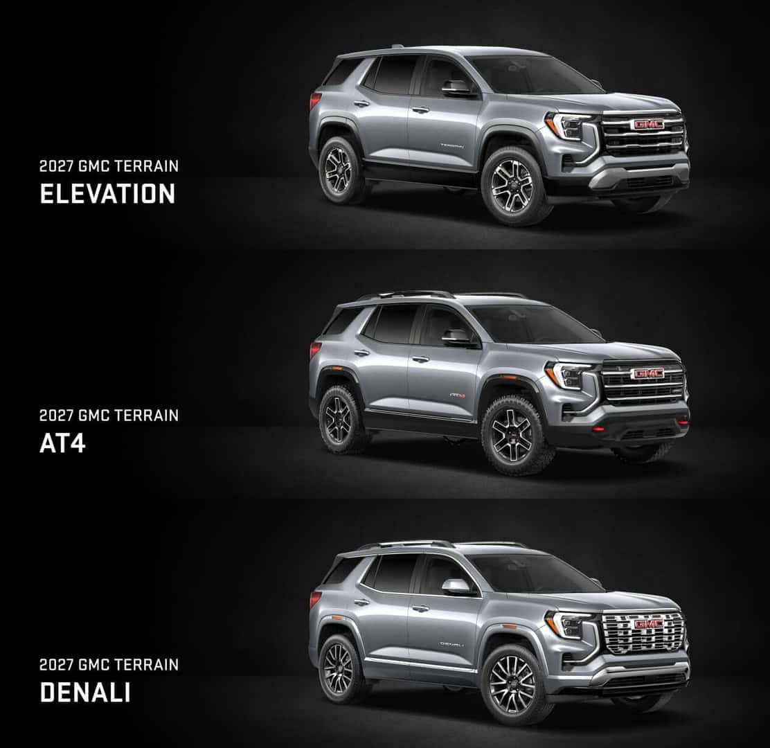 Front three-quarter views of silver 2027 GMC Terrain Elevation, AT4, and Denali trims against a dark background.