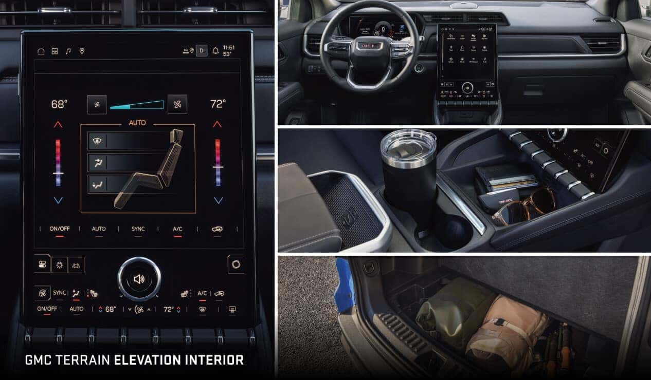 Interior collage of GMC Terrain Elevation showing driver dashboard, center console, and cargo storage.