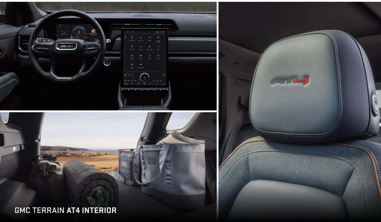 Interior collage of GMC Terrain AT4 featuring cockpit, embroidered headrest, and packed cargo trunk.