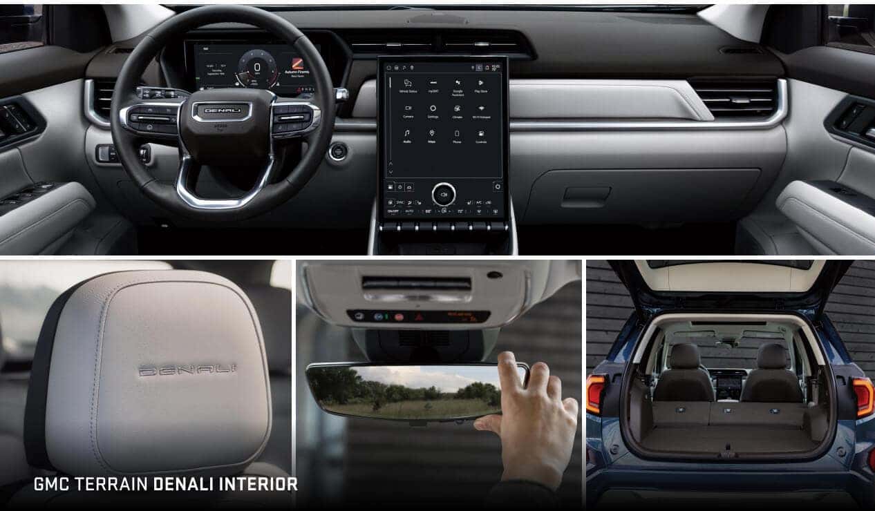 Interior collage of GMC Terrain Denali displaying dashboard, embroidered headrest, rear mirror, and open trunk.