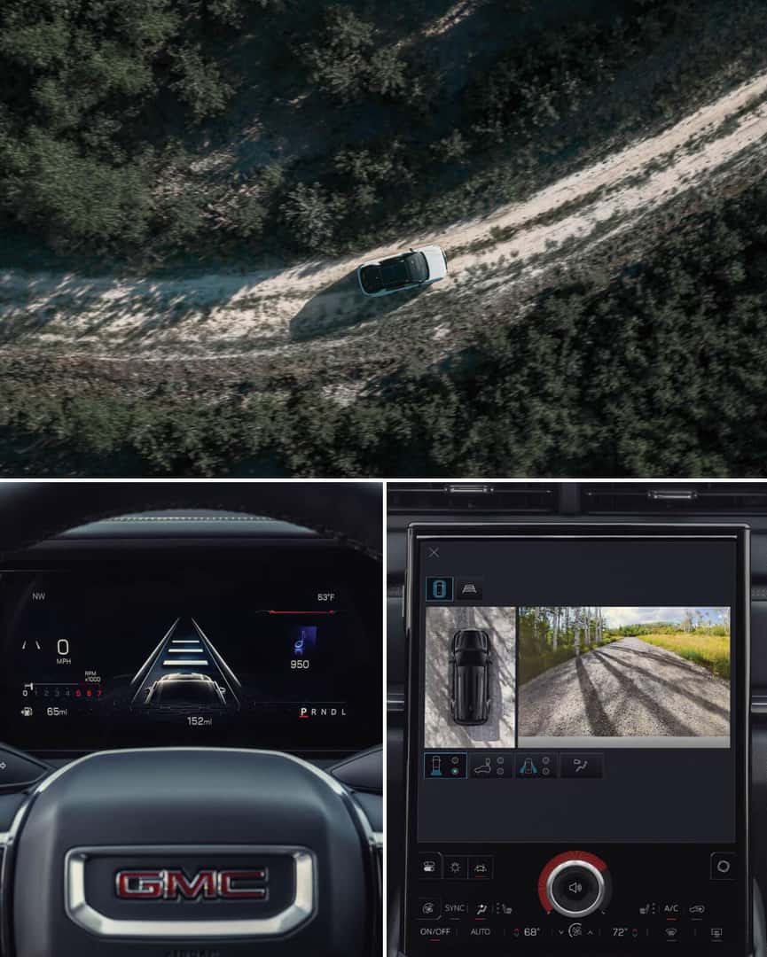 Collage of overhead view of GMC Terrain on dirt path and close-ups of digital distance gauge cluster and surround-view camera display.