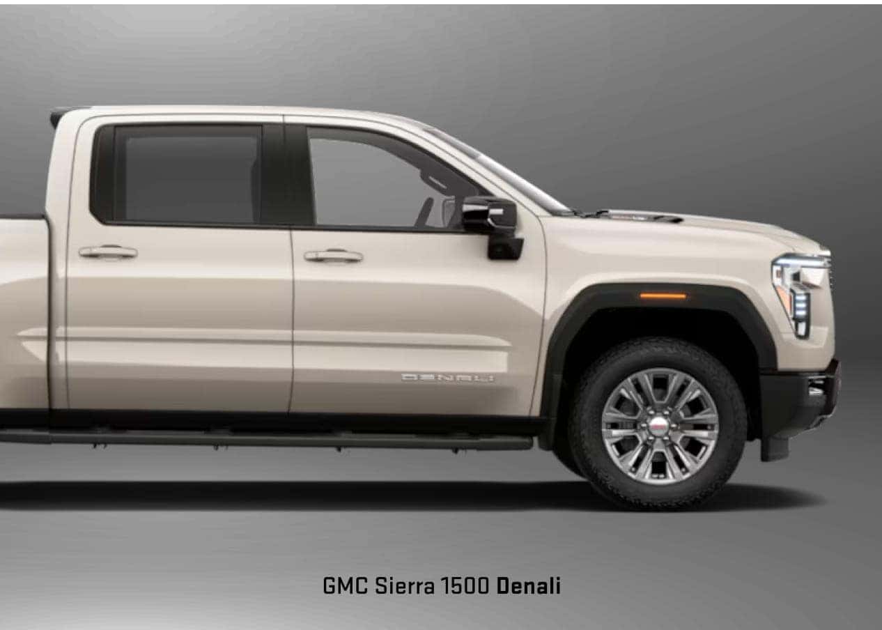 2027 GMC Sierra 1500 Denali shown from the side, highlighting its premium exterior styling and wheels.