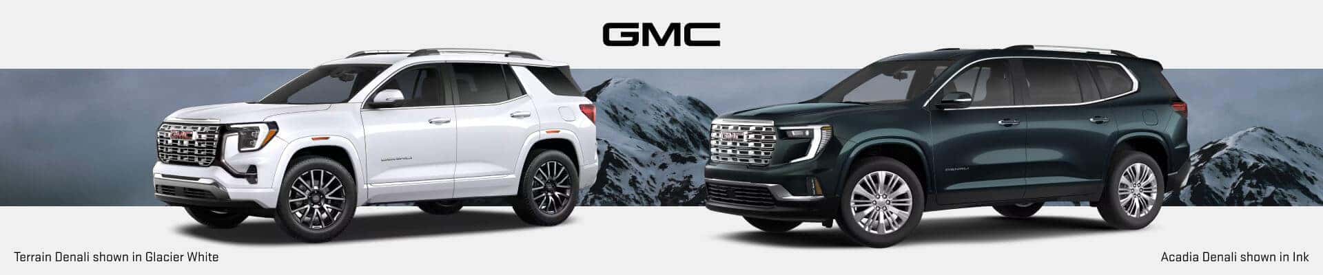 Front three-quarter view of a 2027 GMC Terrain Denali in Glacier White and a 2027 GMC Acadia Denali in Ink  positioned together.

