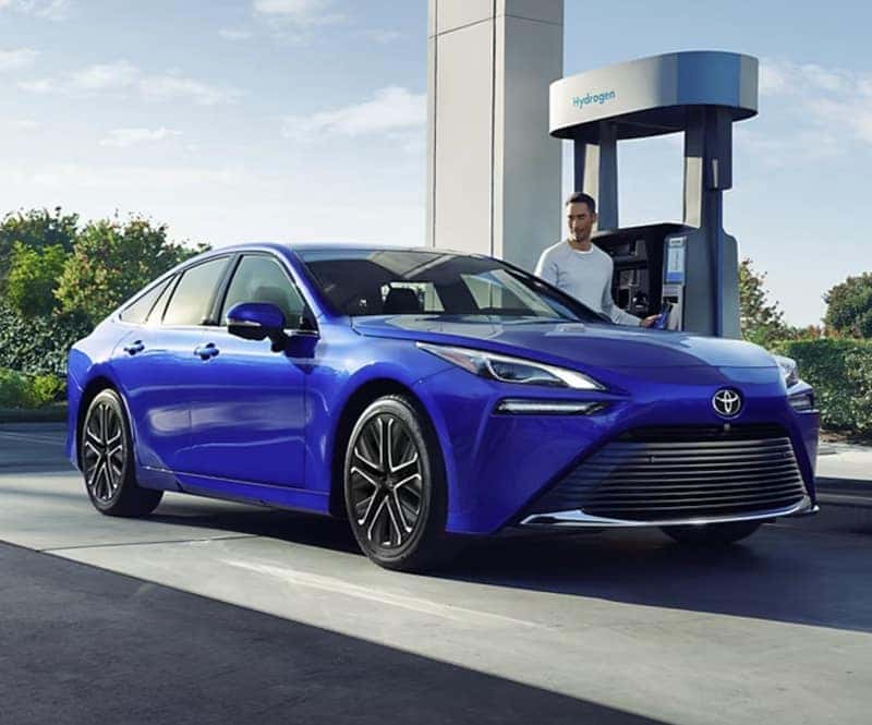 Toyota Mirai hydrogen fuel cell vehicle at a hydrogen fueling station