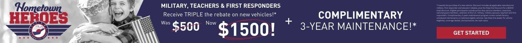 For those who serve we go the extra mile. Military, Teachers & First Responders receive TRIPLE the rebate on new vehicles! + complimentary 3-years maintenance at Step One Kia Fort Walton Beach in Fort Walton Beach, FL. Select the image to view New Inventory.