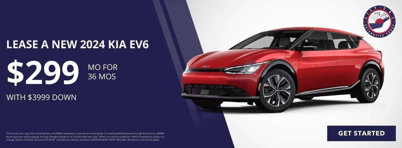 Lease a New 2025 Kia EV6 for $299 per month for 36 months at Step One Kia Fort Walton Beach in Fort Walton Beach, FL. Select the image to view matching inventory.