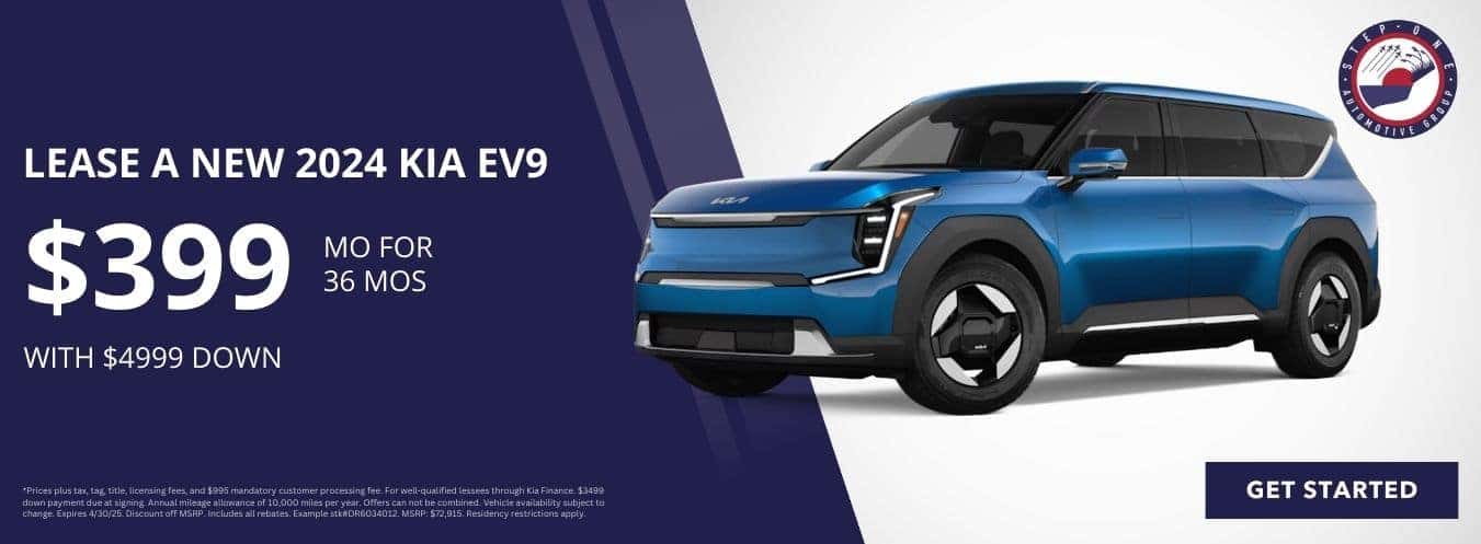 Lease a New 2025 Kia EV9 for $399 per month for 36 months at Step One Kia Fort Walton Beach in Fort Walton Beach, FL. Select the image to view matching inventory.