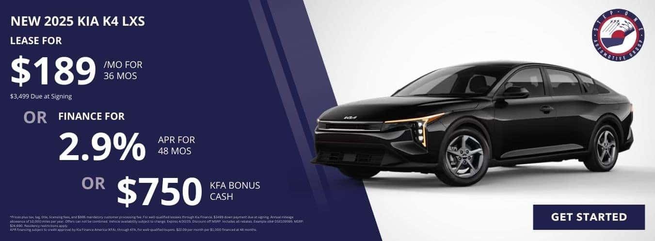 Lease a New 2025 Kia K4 for $189 per month for 36 months or Finance at 2.9% APR or get $750 KFA Bonus Cash at Step One Kia Fort Walton Beach in Fort Walton Beach, FL. Select the image to view matching inventory.