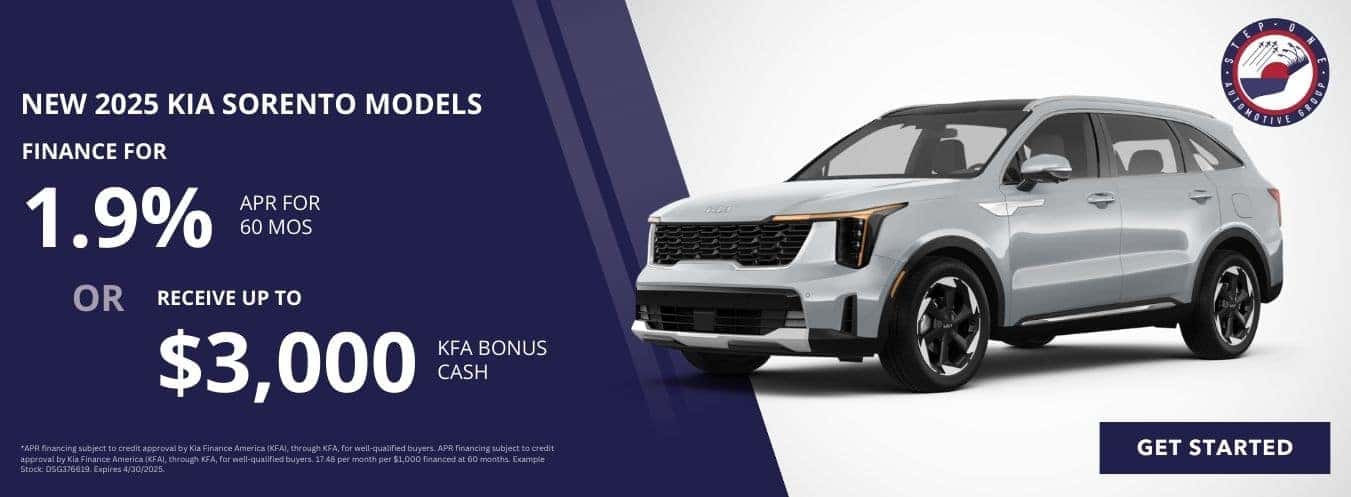 Finance a New 2025 Kia Sorento for 1.9% APR for 60 months or receive up to $3,000 KFA Bonus Cash at Step One Kia Fort Walton Beach in Fort Walton Beach, FL. Select the image to view matching inventory.