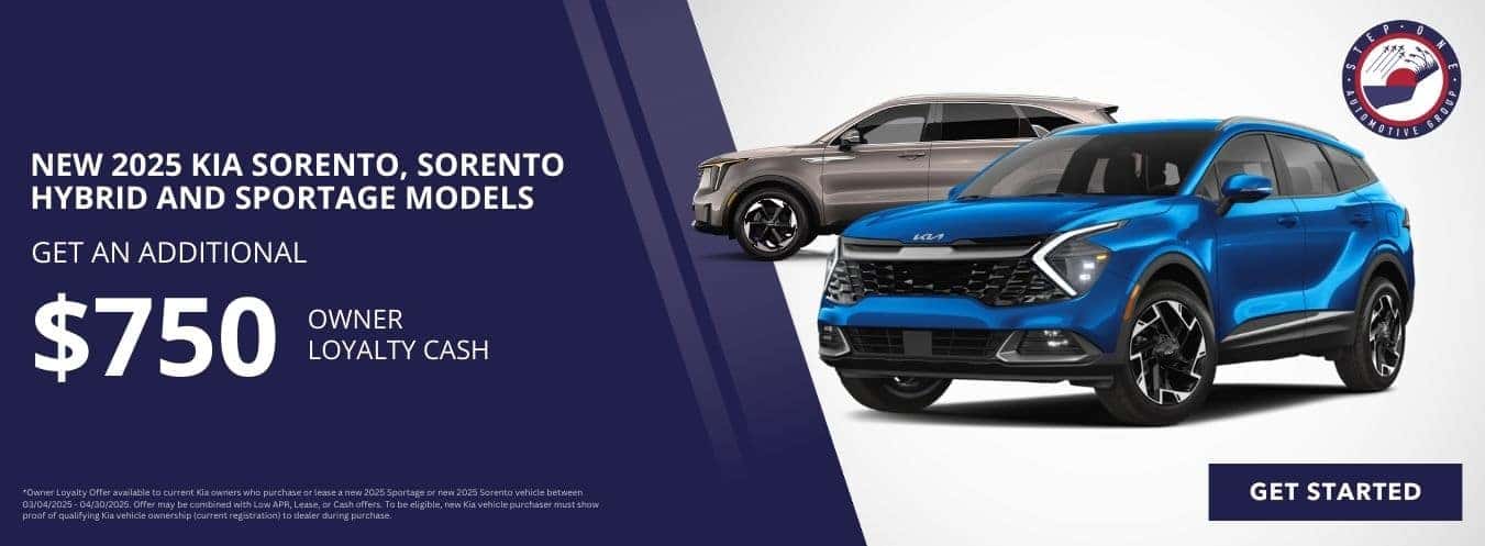 Get an additional $750 Owner Loyalty Cash on a New 2025 Kia Sorento for Sorento Hybrid and Sportage at Step One Kia Fort Walton Beach in Fort Walton Beach, FL. Select the image to view matching inventory.