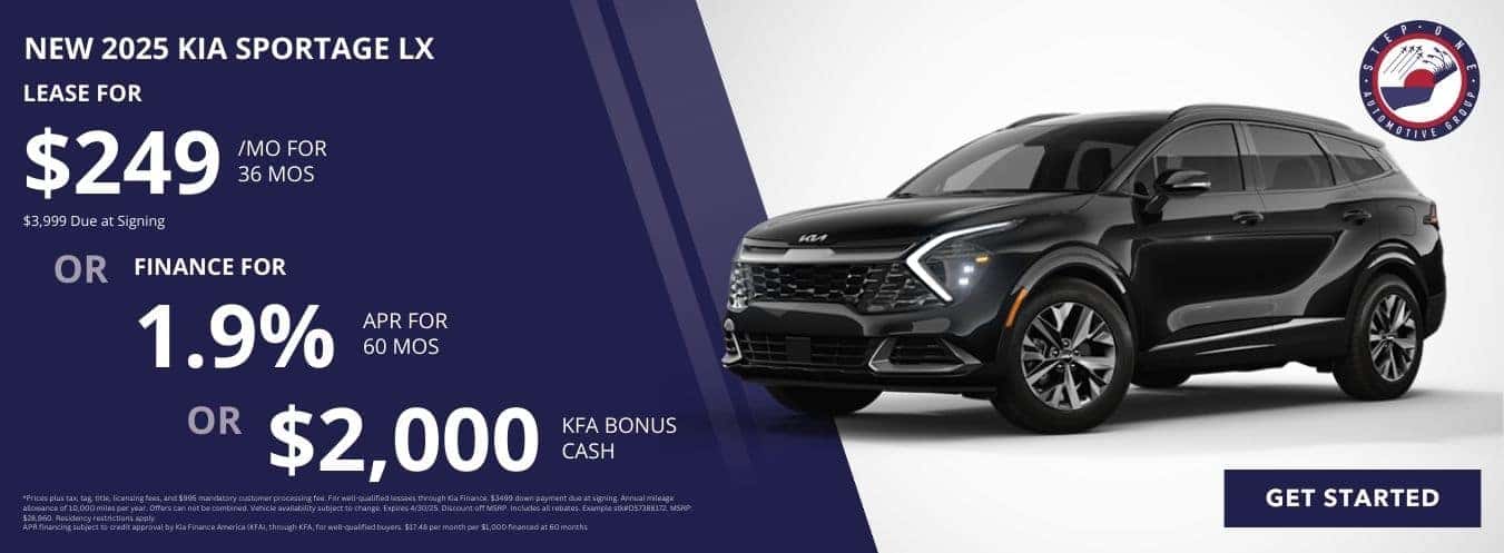 Lease a New 2025 Kia Sportage for $249 per month for 36 months or Finance at 1.9% APR or get $2,000 KFA Bonus Cash at Step One Kia Fort Walton Beach in Fort Walton Beach, FL. Select the image to view matching inventory.