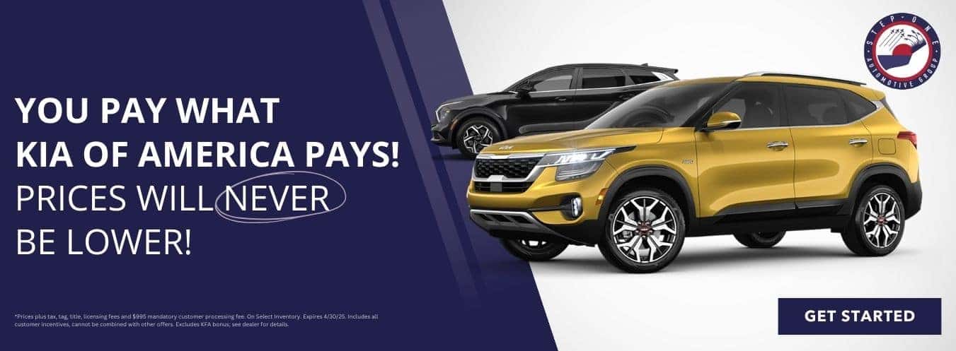 You Pay what KIA of America pays! Prices will never be lower. Select the image to view matching inventory at Step One Kia Fort Walton Beach in Fort Walton Beach, FL.