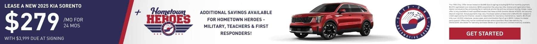 Lease a New 2025 KIA Sorento for $279 per month for 24 months with $3999 due at signing at Step One Kia Fort Walton Beach in Fort Walton Beach, FL. Select the image to view inventory.