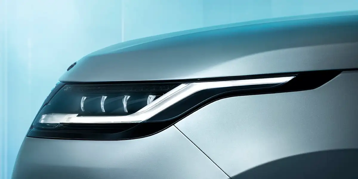 LED headlights on the 2024 Range Rover Velar with sleek hood lines