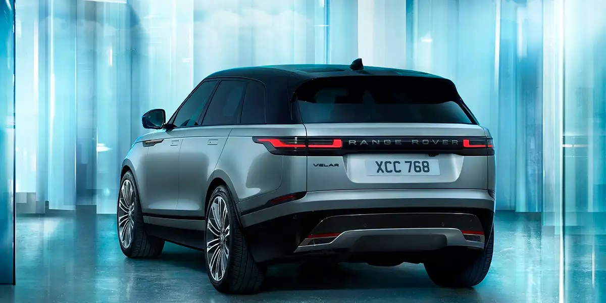 Rear three-quarter view of the Range Rover Velar luxury SUV