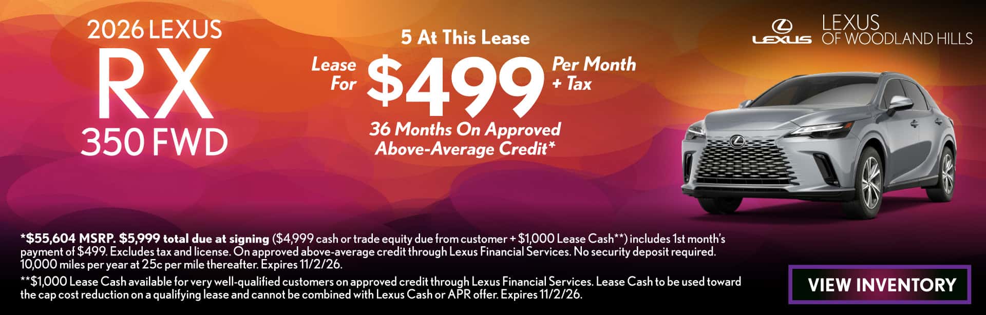 LEASE A NEW 2026 LEXUS RX 350 FWD FOR $499 PER MONTH + TAX FOR 36 MONTHS ON APPROVED ABOVE-AVERAGE CREDIT