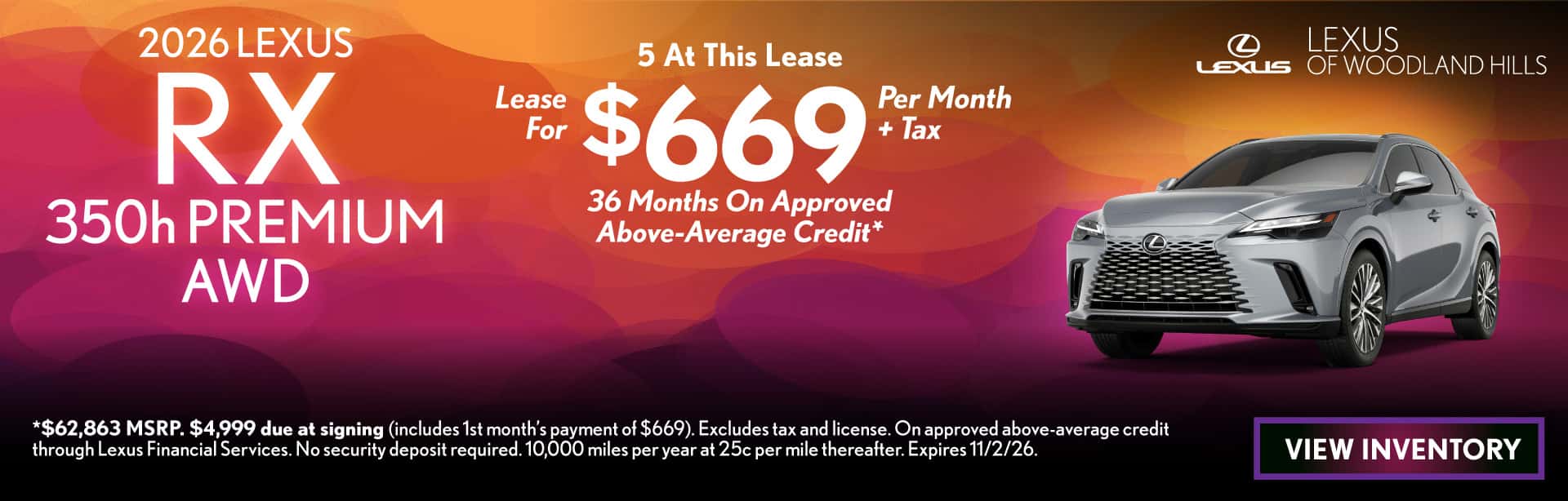 LEASE A NEW 2026 LEXUS RXH PREMIUM 350H FWD FOR $669 PER MONTH + TAX FOR 36 MONTHS ON APPROVED ABOVE-AVERAGE CREDIT