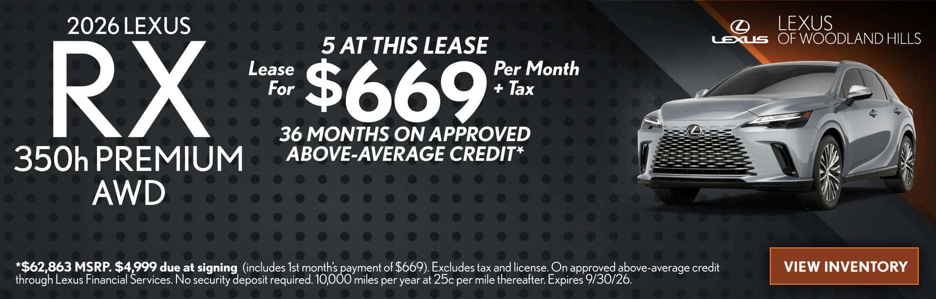 LEASE A NEW 2026 LEXUS RX 350H PREMIUM AWD FOR $669 PER MONTH + TAX FOR 36 MONTHS ON APPROVED ABOVE-AVERAGE CREDIT