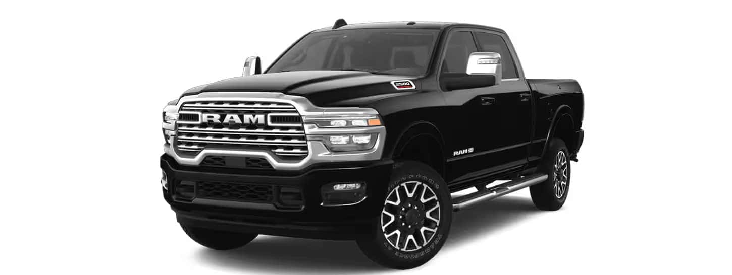 The 2025 Ram 2500 Limited Longhorn in Diamond Black Crystal Pearl Coat exterior paint.