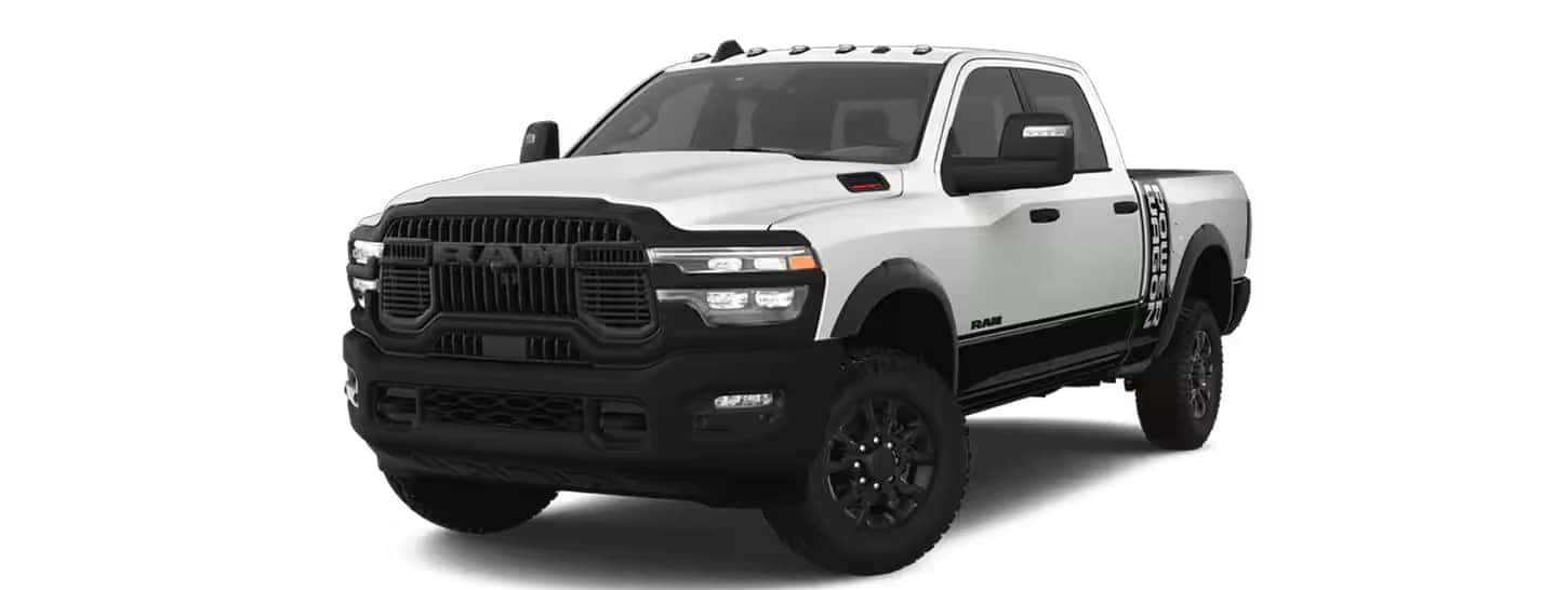 The 2025 Ram 2500 Power Wagon in Bright White Clear coat exterior paint and diamond black crystal pearl coat roof