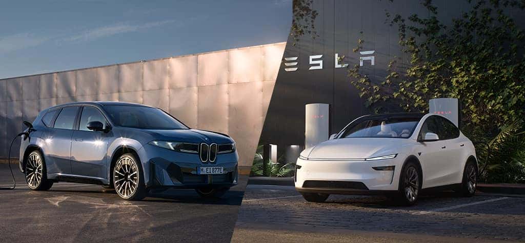 A BMW iX3 and Tesla Model Y charging.