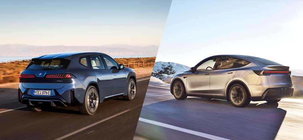 A BMW iX3 and a Tesla Model Y driving on open roads.