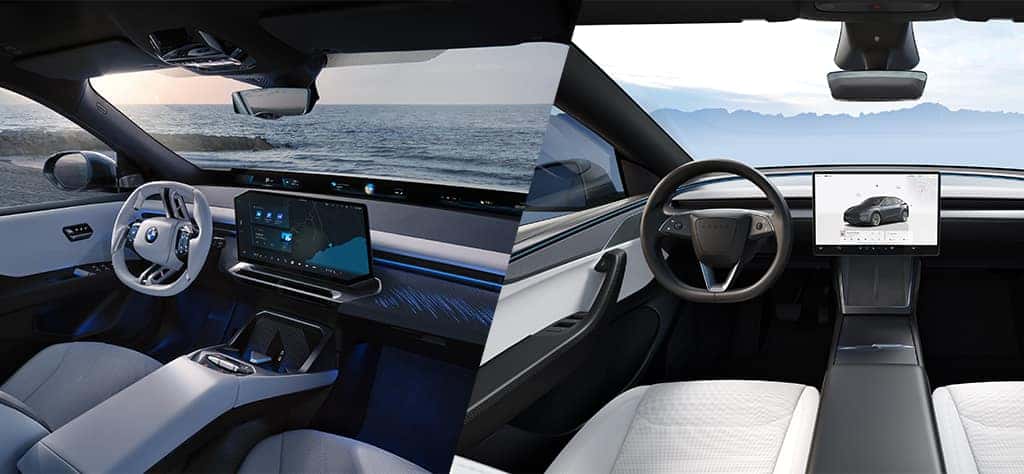 Interiors of a BMW iX3 and Tesla ModelY